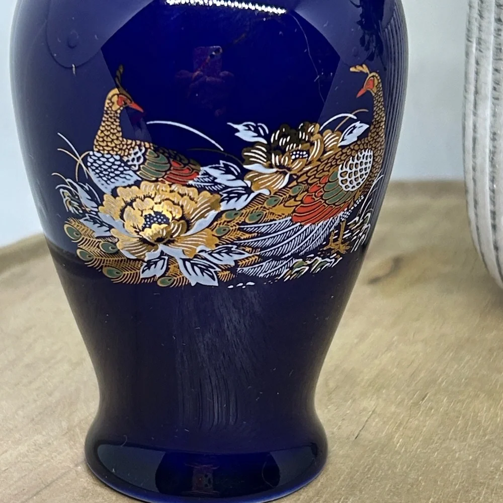 Vtg 5.25“ Vase Cobalt Blue Floral Pheasant Peacock Japan Ceramic 24k Gold Trim